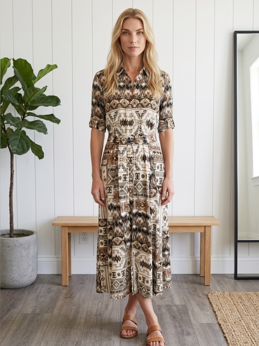 Calvin Klein Women's Geometric Print Belted Shirt Dress Size 6